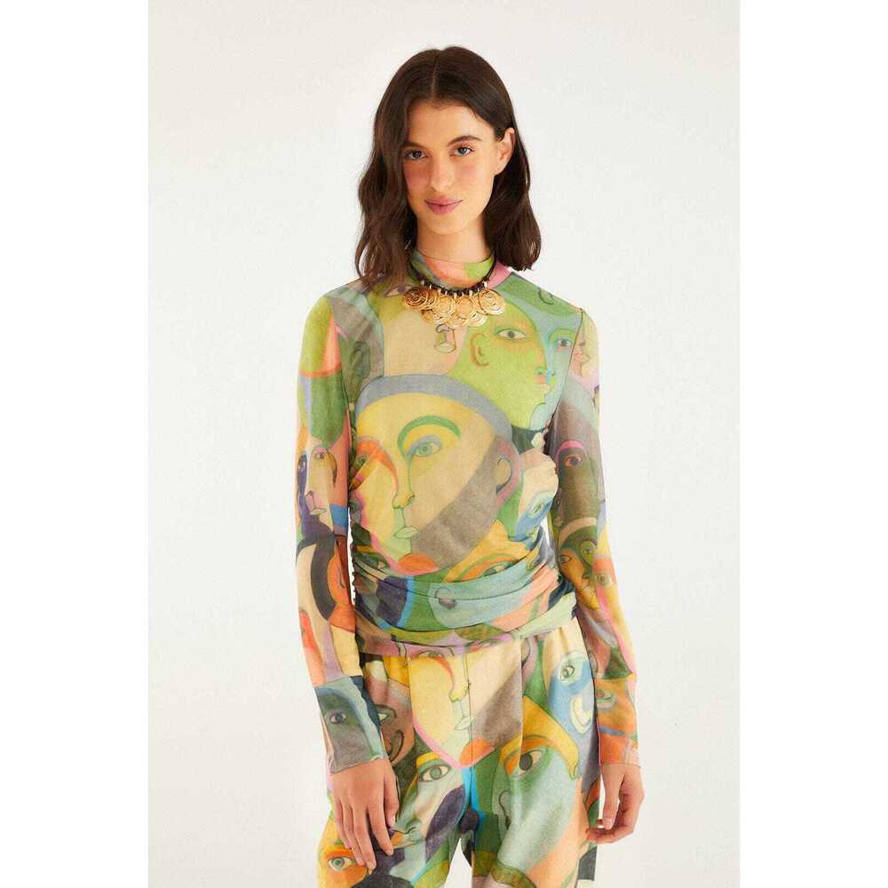 Crowded Series Drawing Long Sleeve Tulle Blouse